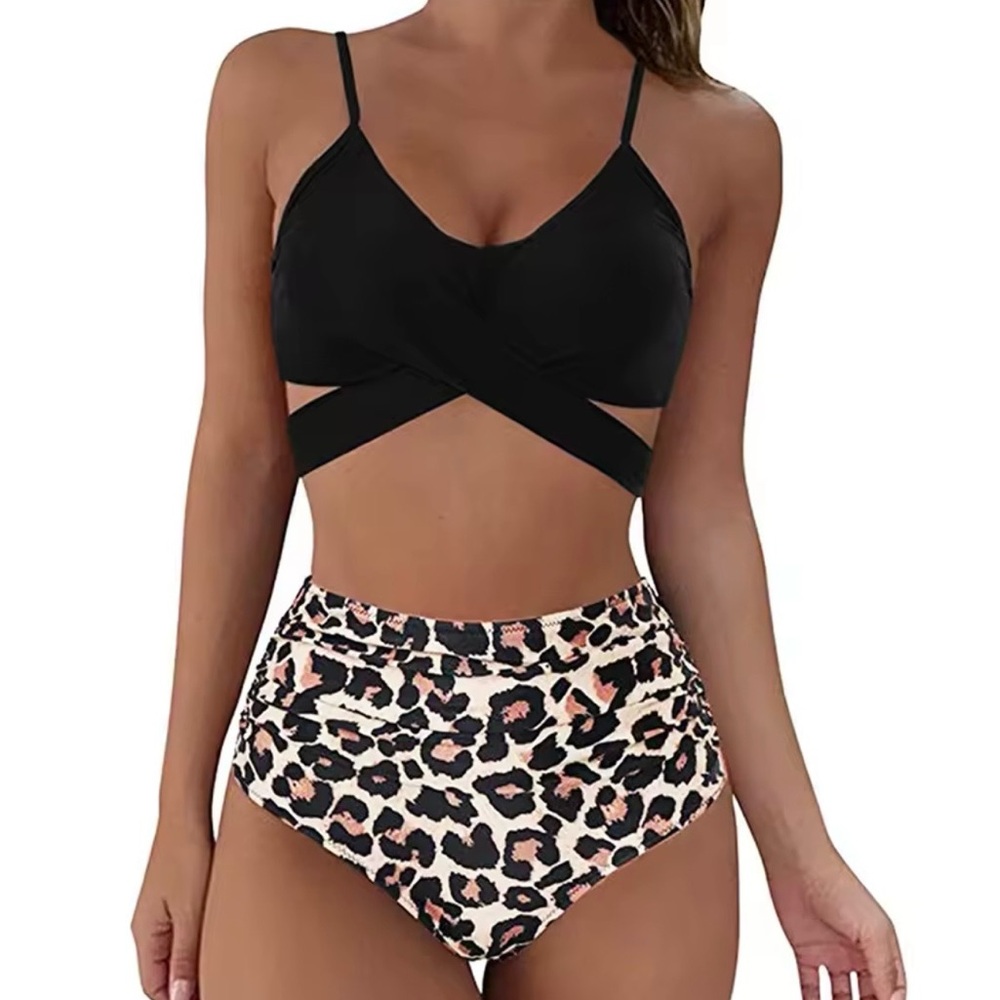 High Waisted Printing Front Criss Cross Cutout Bandage Bathing Suit with Bottom